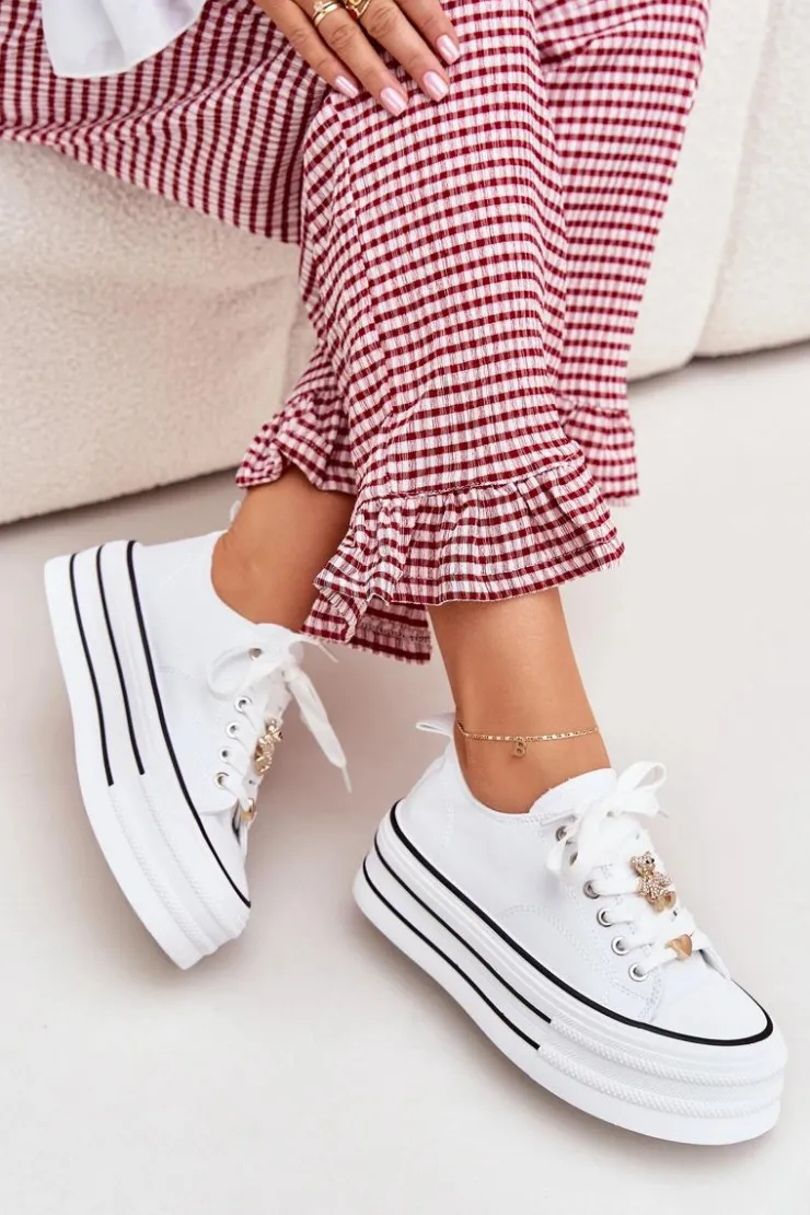 Boto Trampki Damskie Niskie*Trampki Damskie Na Platformie Ze Złotymi Przypinkami Białe Fiorina Biały