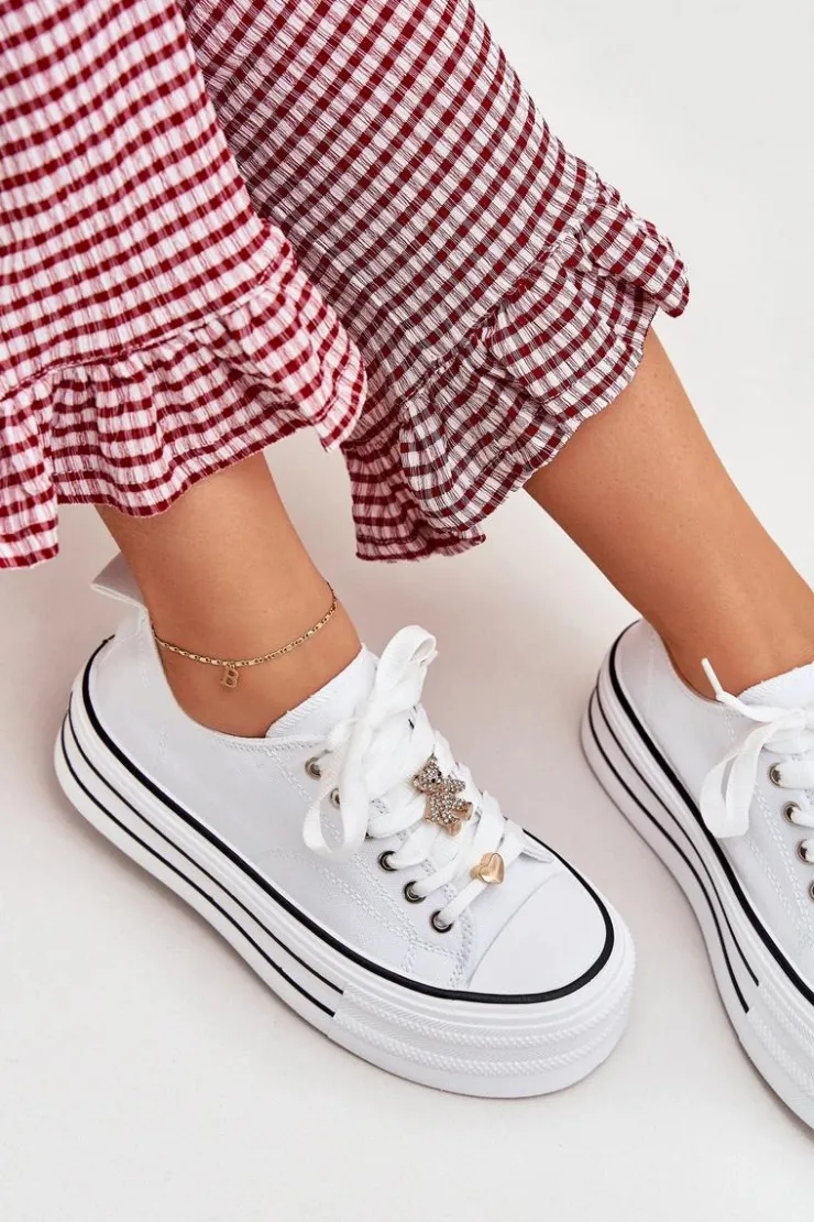 Boto Trampki Damskie Niskie*Trampki Damskie Na Platformie Ze Złotymi Przypinkami Białe Fiorina Biały