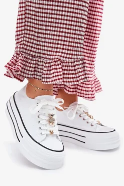 Boto Trampki Damskie Niskie*Trampki Damskie Na Platformie Ze Złotymi Przypinkami Białe Fiorina Biały