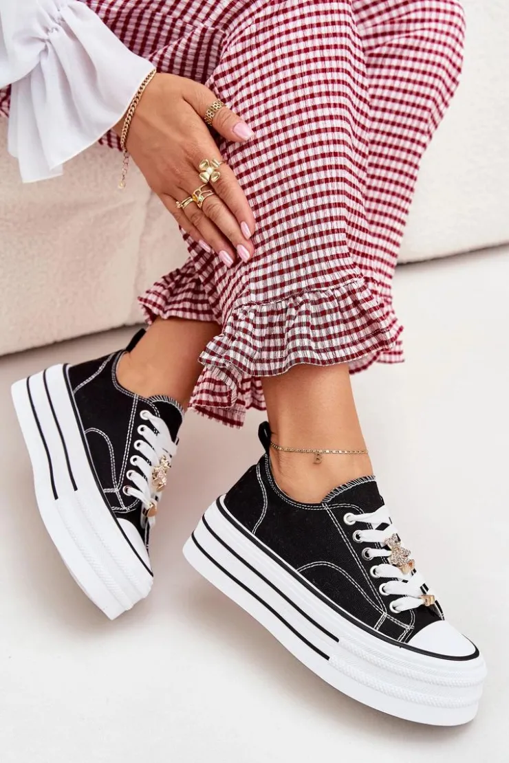 Clearance Boto Trampki Damskie Na Platformie Ze Złotymi Przypinkami Czarne Fiorina Czarny