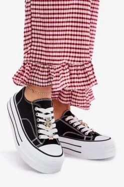 Clearance Boto Trampki Damskie Na Platformie Ze Złotymi Przypinkami Czarne Fiorina Czarny