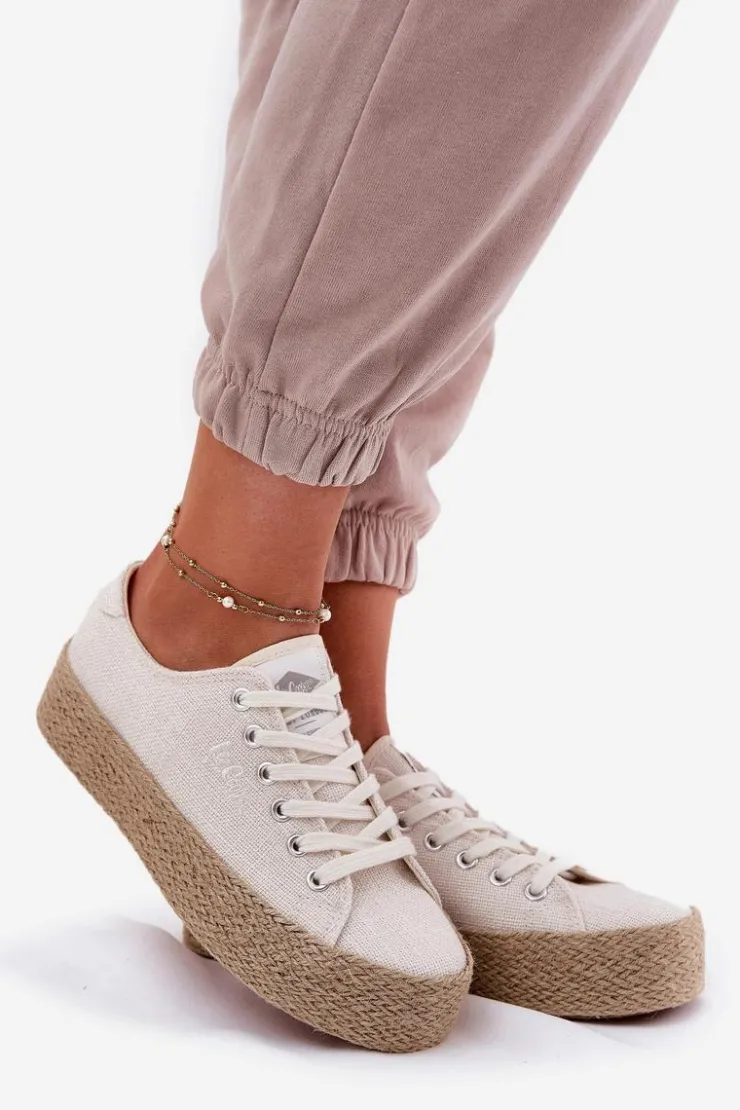 Outlet Lee Cooper Trampki Damskie Na Platformie Z Plecionką LCW-25-02-3284 Jasnobeżowe Beżowy