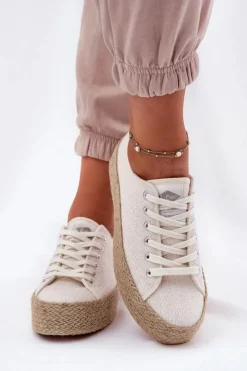 Outlet Lee Cooper Trampki Damskie Na Platformie Z Plecionką LCW-25-02-3284 Jasnobeżowe Beżowy