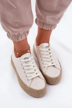 Outlet Lee Cooper Trampki Damskie Na Platformie Z Plecionką LCW-25-02-3284 Jasnobeżowe Beżowy