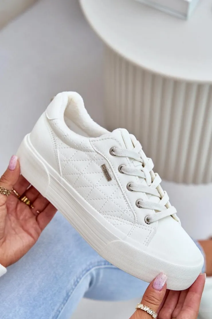 Big Star Shoes Trampki Damskie Big Star|Trampki Damskie Niskie*Trampki Damskie Na Platformie Ocieplane Big Star OO274A464 Białe Biały