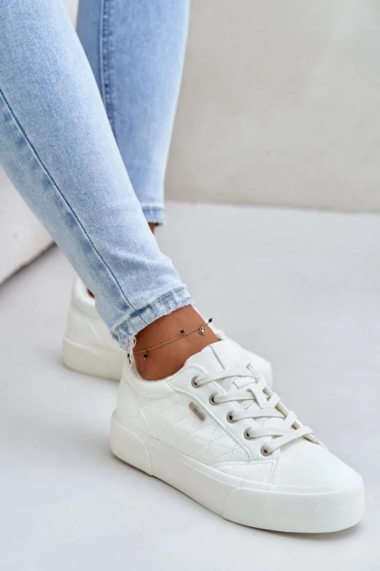 Big Star Shoes Trampki Damskie Big Star|Trampki Damskie Niskie*Trampki Damskie Na Platformie Ocieplane Big Star OO274A464 Białe Biały