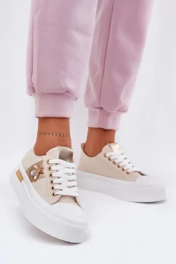 Boto Trampki Damskie Niskie*Trampki Damskie Na Platformie Z Ozdobnym Detalem Beżowe Annisae Beżowy