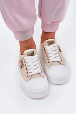 Boto Trampki Damskie Niskie*Trampki Damskie Na Platformie Z Ozdobnym Detalem Beżowe Annisae Beżowy