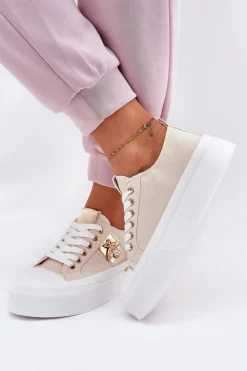 Boto Trampki Damskie Niskie*Trampki Damskie Na Platformie Z Ozdobnym Detalem Beżowe Annisae Beżowy