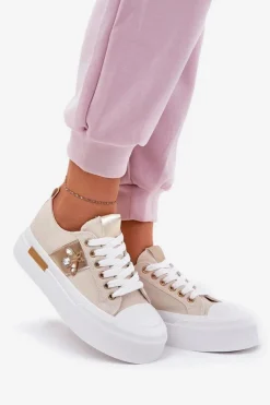 Boto Trampki Damskie Niskie*Trampki Damskie Na Platformie Z Ozdobnym Detalem Beżowe Annisae Beżowy
