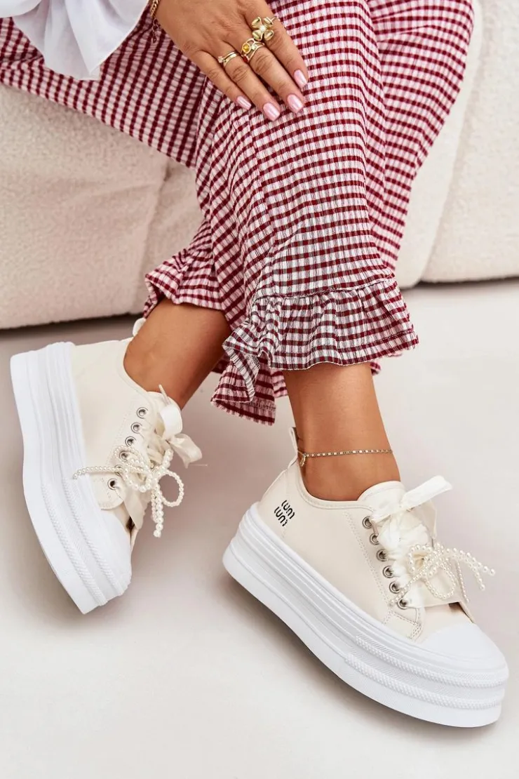 Damskie Boto Trampki Damskie Na Platformie Z Ozdobnym Sznurowaniem Beżowe Tivora