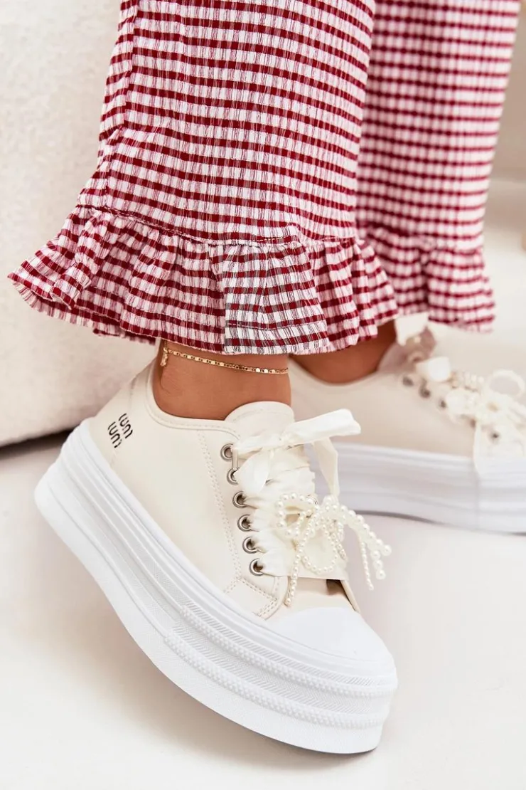 Damskie Boto Trampki Damskie Na Platformie Z Ozdobnym Sznurowaniem Beżowe Tivora