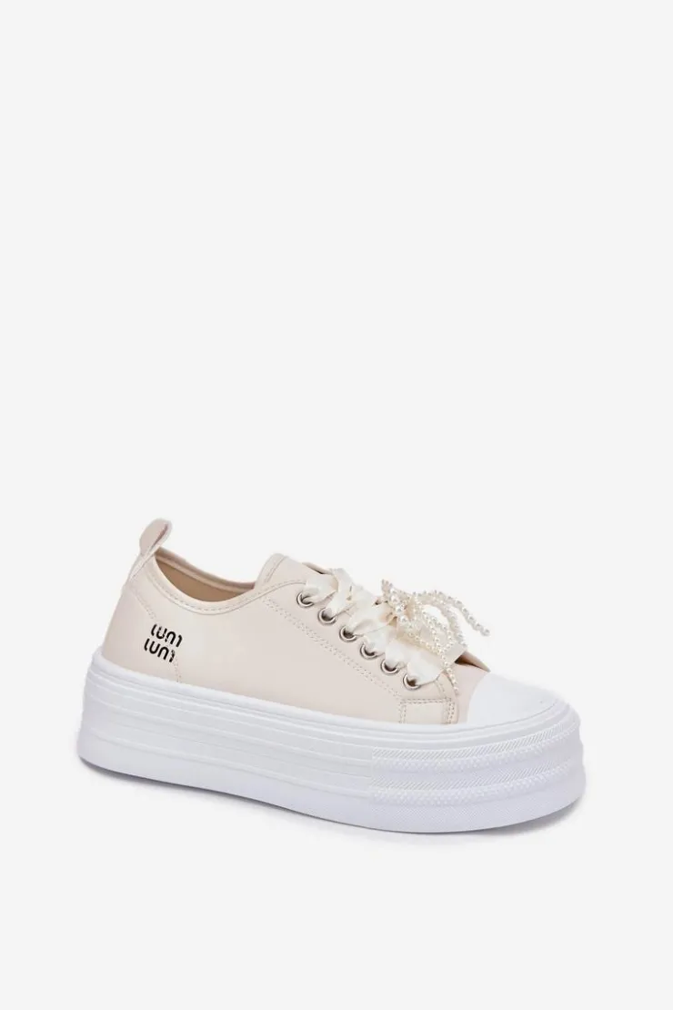 Damskie Boto Trampki Damskie Na Platformie Z Ozdobnym Sznurowaniem Beżowe Tivora