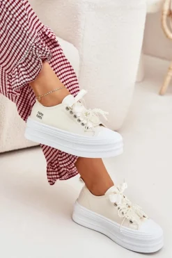 Damskie Boto Trampki Damskie Na Platformie Z Ozdobnym Sznurowaniem Beżowe Tivora