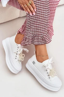 Boto Trampki Damskie Niskie*Trampki Damskie Na Platformie Z Ozdobnym Sznurowaniem Białe Tivora