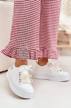 Boto Trampki Damskie Niskie*Trampki Damskie Na Platformie Z Ozdobnym Sznurowaniem Białe Tivora