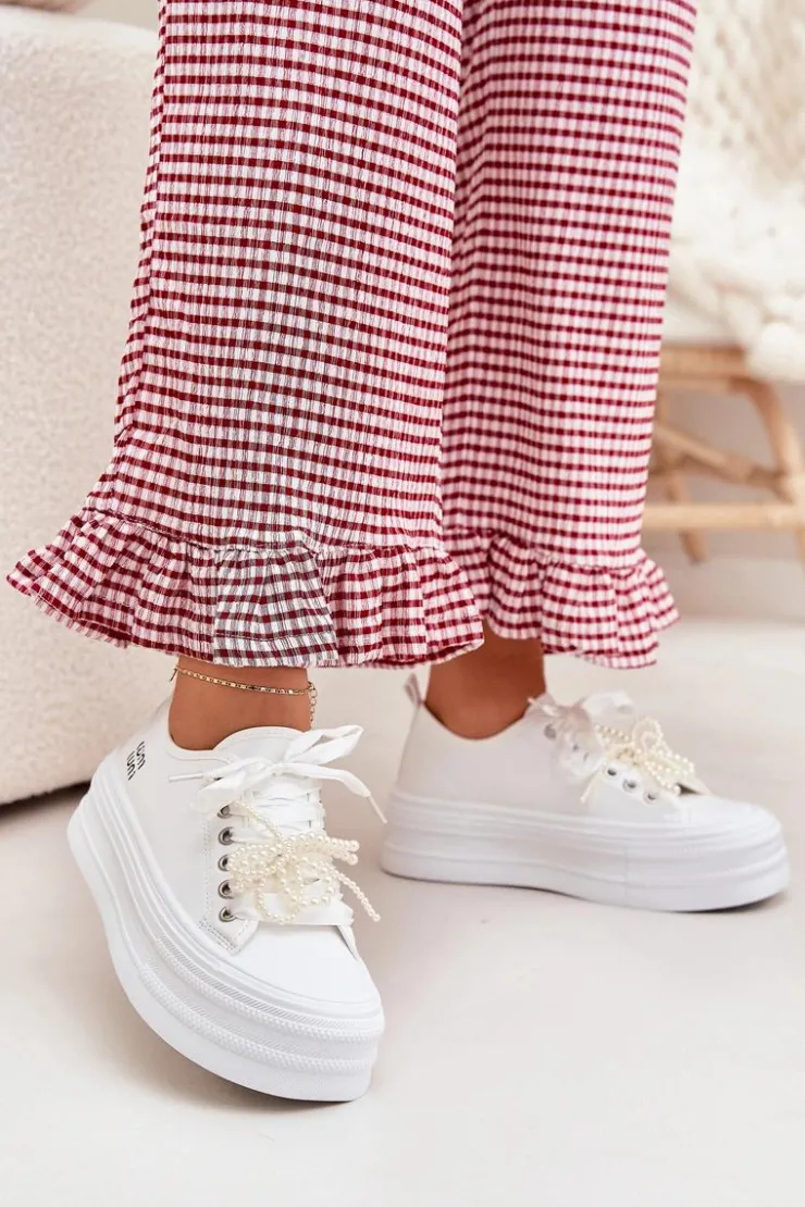 Boto Trampki Damskie Niskie*Trampki Damskie Na Platformie Z Ozdobnym Sznurowaniem Białe Tivora