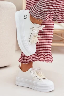 Boto Trampki Damskie Niskie*Trampki Damskie Na Platformie Z Ozdobnym Sznurowaniem Białe Tivora