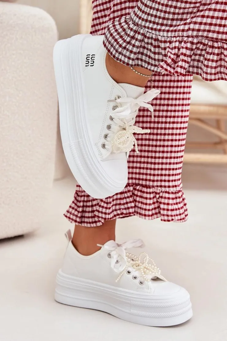 Boto Trampki Damskie Niskie*Trampki Damskie Na Platformie Z Ozdobnym Sznurowaniem Białe Tivora