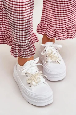 Boto Trampki Damskie Niskie*Trampki Damskie Na Platformie Z Ozdobnym Sznurowaniem Białe Tivora