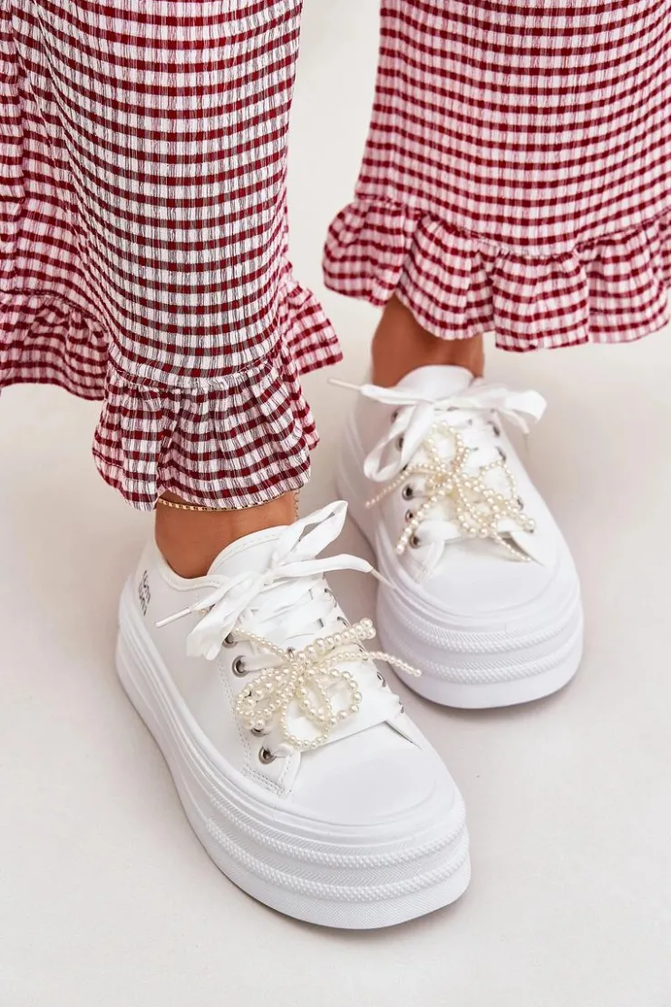 Boto Trampki Damskie Niskie*Trampki Damskie Na Platformie Z Ozdobnym Sznurowaniem Białe Tivora