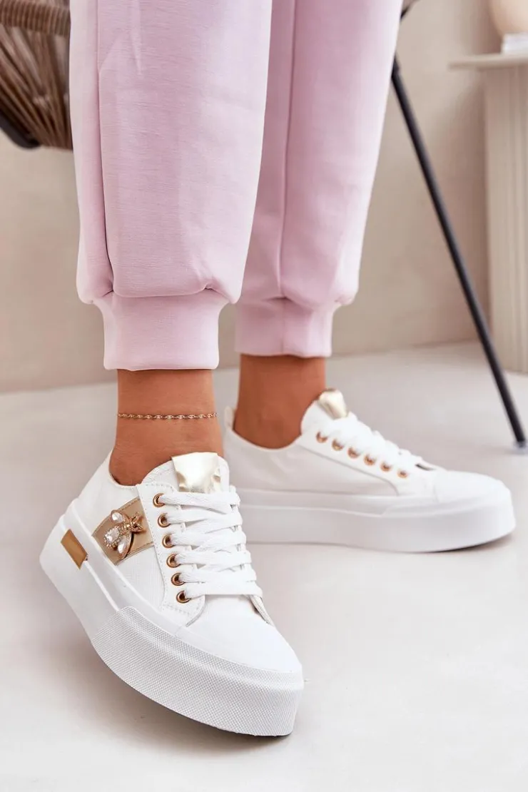 Damskie Boto Trampki Damskie Na Platformie Z Ozdobnym Detalem Białe Annisae