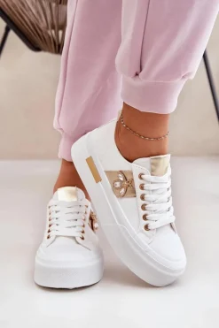 Damskie Boto Trampki Damskie Na Platformie Z Ozdobnym Detalem Białe Annisae