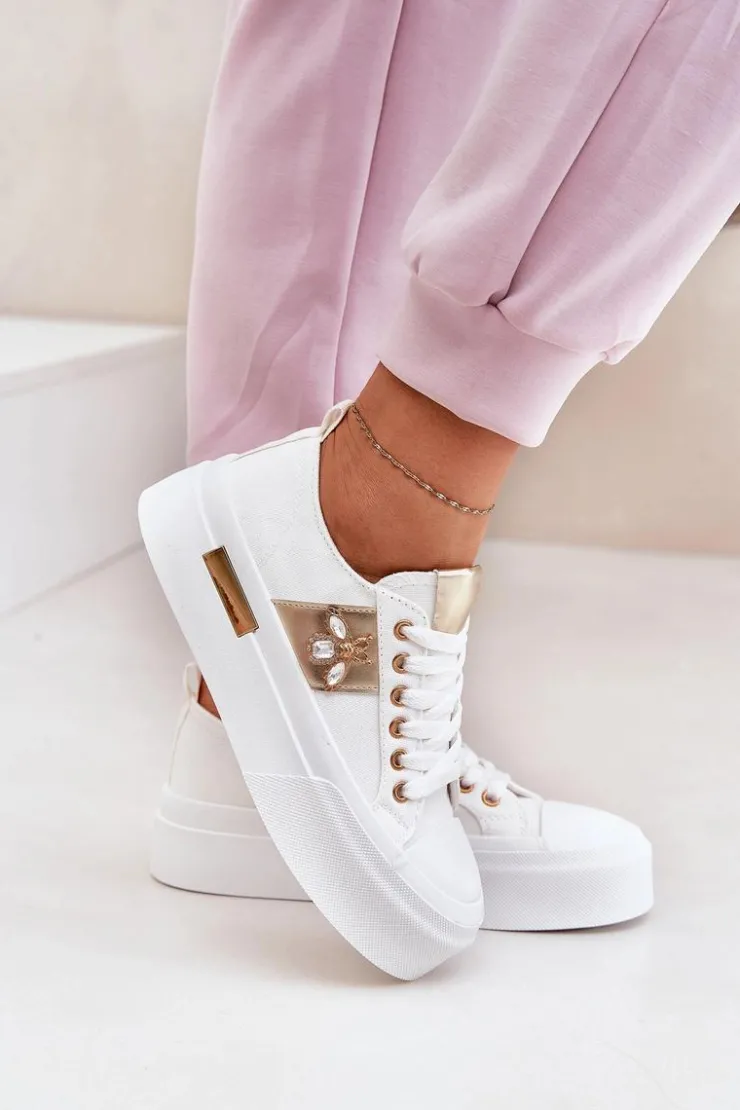 Damskie Boto Trampki Damskie Na Platformie Z Ozdobnym Detalem Białe Annisae
