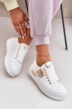 Damskie Boto Trampki Damskie Na Platformie Z Ozdobnym Detalem Białe Annisae