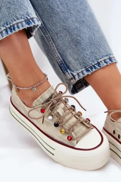 Hot GOE Trampki Damskie Na Platformie RR2N4105 Beżowe