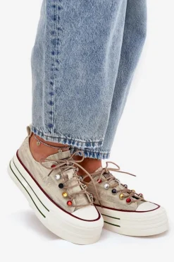 Hot GOE Trampki Damskie Na Platformie RR2N4105 Beżowe