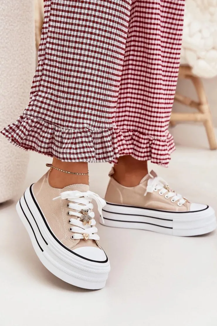 Damskie Boto Trampki Damskie Na Platformie Ze Złotymi Przypinkami Beżowe Fiorina