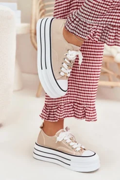 Damskie Boto Trampki Damskie Na Platformie Ze Złotymi Przypinkami Beżowe Fiorina