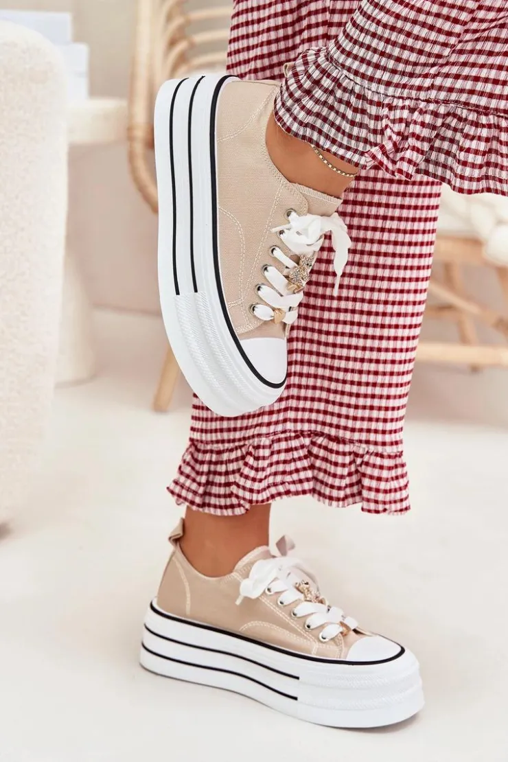 Damskie Boto Trampki Damskie Na Platformie Ze Złotymi Przypinkami Beżowe Fiorina