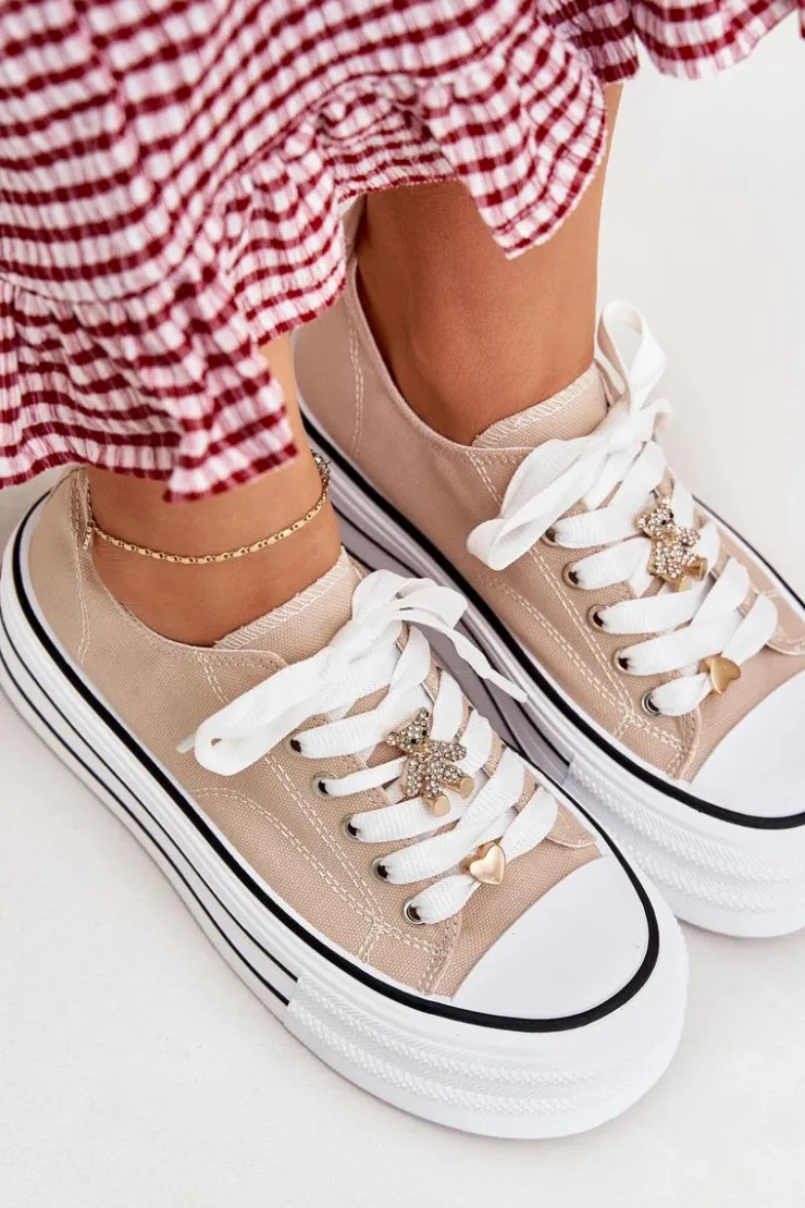 Damskie Boto Trampki Damskie Na Platformie Ze Złotymi Przypinkami Beżowe Fiorina