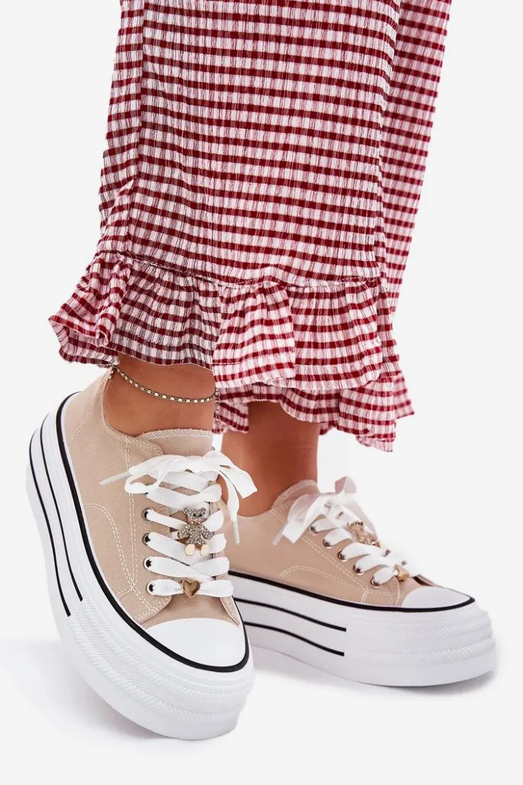 Damskie Boto Trampki Damskie Na Platformie Ze Złotymi Przypinkami Beżowe Fiorina