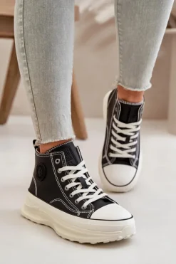 Damskie Big Star Shoes Trampki Damskie Na Platformie Eko Skórzane Big Star OO274063 Czarne