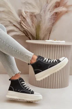 Damskie Big Star Shoes Trampki Damskie Na Platformie Eko Skórzane Big Star OO274063 Czarne