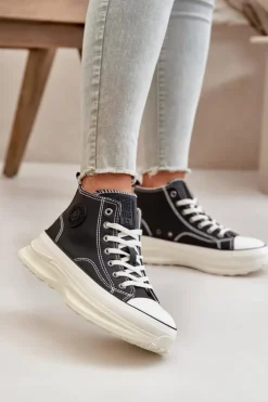 Damskie Big Star Shoes Trampki Damskie Na Platformie Eko Skórzane Big Star OO274063 Czarne