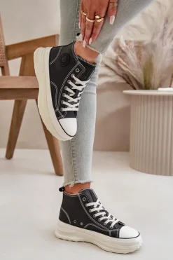 Damskie Big Star Shoes Trampki Damskie Na Platformie Eko Skórzane Big Star OO274063 Czarne