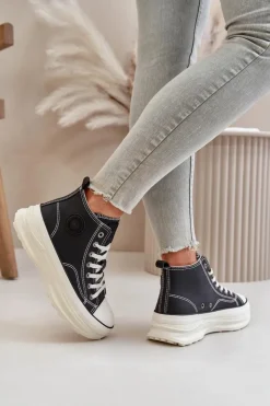 Damskie Big Star Shoes Trampki Damskie Na Platformie Eko Skórzane Big Star OO274063 Czarne