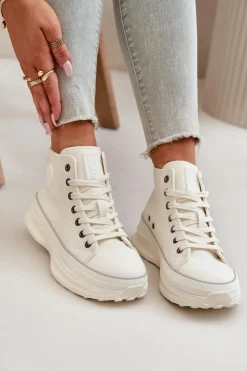 Damskie Big Star Shoes Trampki Damskie Na Platformie Eko Skórzane Big Star OO274064 Białe