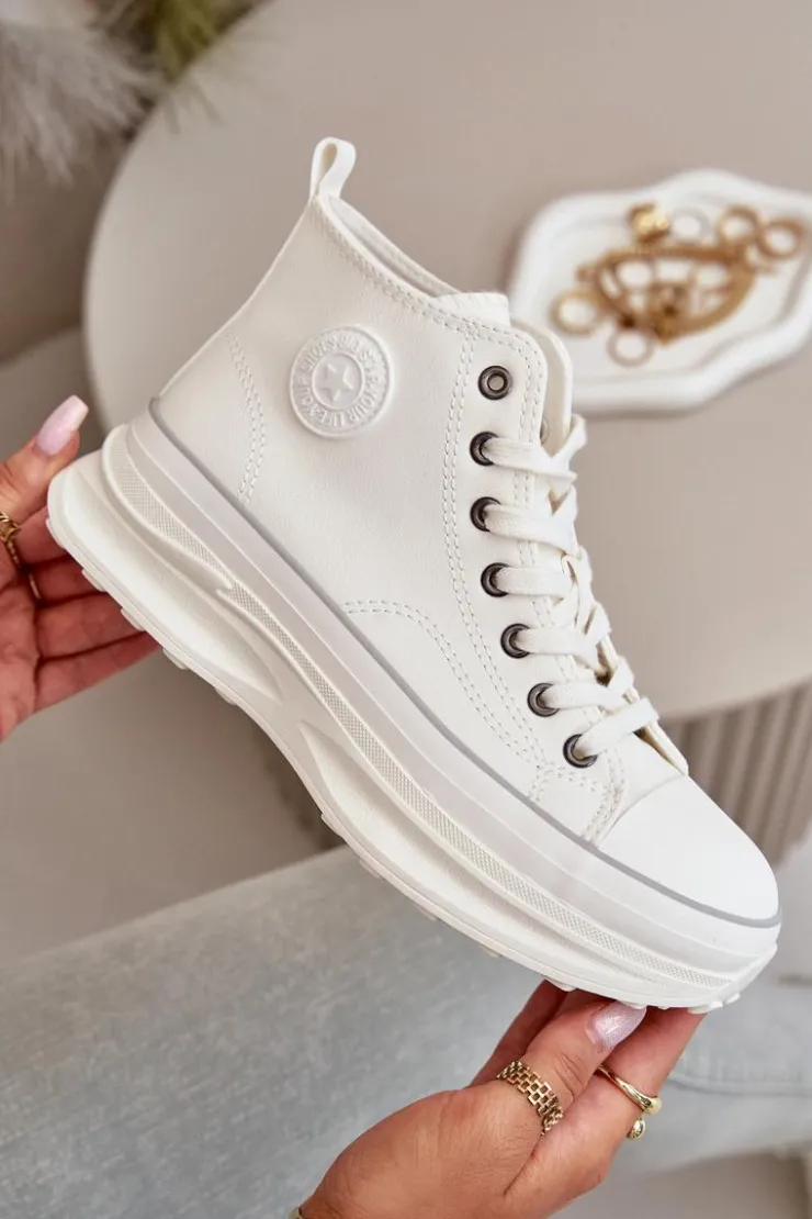 Damskie Big Star Shoes Trampki Damskie Na Platformie Eko Skórzane Big Star OO274064 Białe