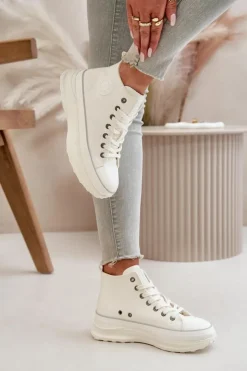 Damskie Big Star Shoes Trampki Damskie Na Platformie Eko Skórzane Big Star OO274064 Białe