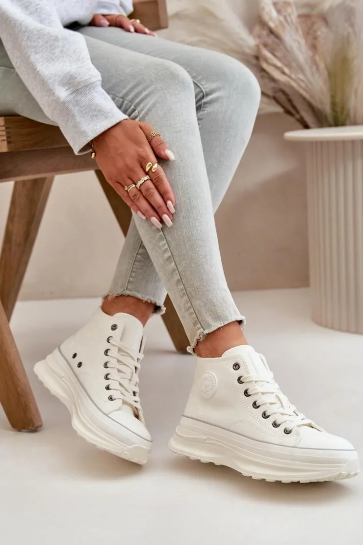 Damskie Big Star Shoes Trampki Damskie Na Platformie Eko Skórzane Big Star OO274064 Białe