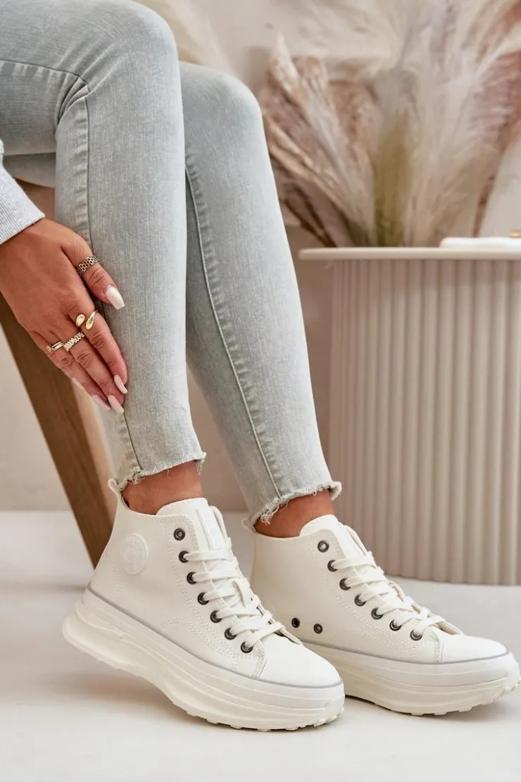 Damskie Big Star Shoes Trampki Damskie Na Platformie Eko Skórzane Big Star OO274064 Białe