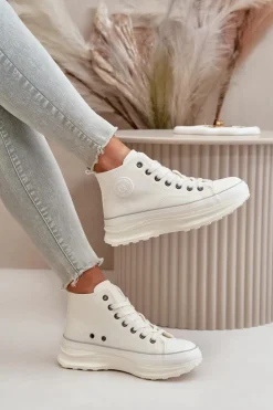 Damskie Big Star Shoes Trampki Damskie Na Platformie Eko Skórzane Big Star OO274064 Białe