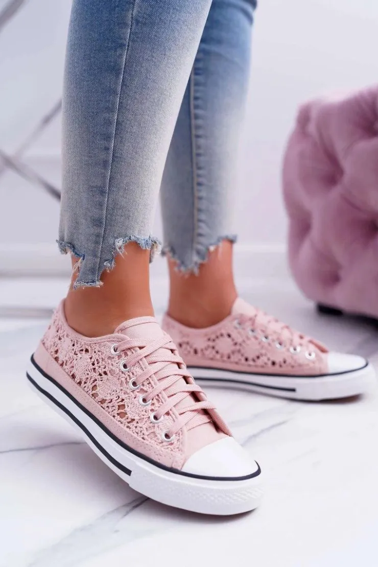 New Boto Trampki Damskie Niskie Koronkowe Różowe Veroli