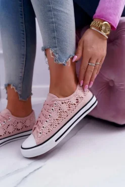 New Boto Trampki Damskie Niskie Koronkowe Różowe Veroli