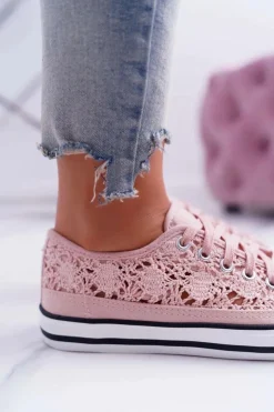 New Boto Trampki Damskie Niskie Koronkowe Różowe Veroli